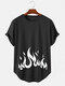 Mens Flame Print O-Neck Short Sleeve Light Casual High Low T-Shirts - Black
