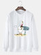 Mens Cartoon Duck Print Crew Neck Loose Pullover Sweatshirts - White