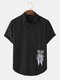 Mens Astronaut Print Letter Short Sleeve Curved Hem Shirt - Black