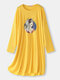 Plus Size Women Ribbed National Style Graphic Print Long Sleeve Nightdress Pajamas - Yellow
