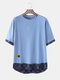 Mens Patchwork Plaid Short Sleeve Drop Shoulder T-Shirt - Blue