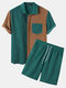 Mens Corduroy Patchwork Short Sleeve Casual Holiday Loungewear Two-Piece Outfits - Green