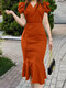 女性ソリッドラペルダブルブレストフリル裾パフスリーブドレス - オレンジ