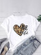 Leopard Heart Print Short Sleeve Plus Size Cotton T-shirt - White
