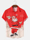 Mens Christmas Tree Santa Print Button Front Holiday Short Sleeve Shirts - Red