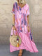 Vintage Print Patchwork Short Sleeve Plus Size Maxi Dress - Pink