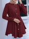 Solid Button Drawstring Waist Puff Sleeves Crew Neck Blouse - Claret