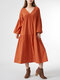 Solid V-neck Loose Casual Long Sleeve Women Dress - Orange
