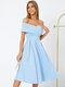 Dreamy Date Night Solid Overlay Off The Shoulder Pleated Dress - Blue