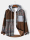 Mens Vintage Paisley Pattern Patchwork Corduroy Long Sleeve Hooded Shirts - Coffee