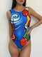 Plus Size Women Graffiti Abstract Print Wide Straps High Neck Backless Slimming One Piece - Blue