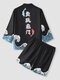 Mens Chinese Character Carp Wave Print Kimono Two Pieces Outfits - Black