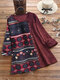 Corduroy Ethnic Print Patchwork Vintage Long Sleeve Blouse - Red