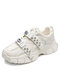 Women Breathable Comfy Lace-up Casual Stylish Rhinestone Decor Chunky Sneaker Shoes - Beige