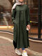 Casual Solid Color Side Split Pockets Long Sleeve Dress - Army