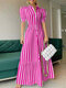 Women Striped Lapel Tiered Design Puff Sleeve Maxi Dress - Rose