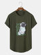 Mens Letter & Dog Print Crew Neck Short Sleeve Curved Hem T-Shirt - Dark Green