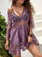 Lace See Through Hollow Stitch Beach Cover-up Bohemian Dress - Purple