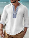 Camisas masculinas com estampa floral meio zíper 100% algodão Henley - Branco