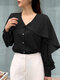 Ruffle Solid Long Sleeve V-neck Button Front Blouse - Black