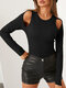 Solid Color Long Sleeve O-neck Off Shoulder Casual T-Shirt For Women - Black