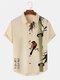 Herren Chinesischen Vogel Bambus Druck Revers Kurzarm Shirts Winter - Khaki