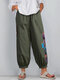 Patchwork Elastic Waist Print Plus Size Pants with Pockets - Green