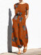 Flower Print Elastic Waist Pocket Short Sleeve Casual Cotton Jumpsuit - Orange