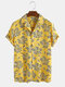 Men 80% Cotton Flower Print Lightweight Breathable Casual Lapel Short Sleeve Shirt - Yellow