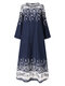 Vintage Floral Embroidery Hollow Out Long Sleeve O-neck Maxi Dress - Blue