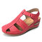 LOSTISY Stitching Hollow Hook Loop Closed Toe Light Wedges Sandals - Red