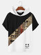 Mens Smile Geometric Pattern Patchwork Short Sleeve Hooded T-Shirts - White