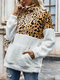 Patchwork Plush Long Sleeve Lapel Collar Zipper Sweater With Pocket - Leopard