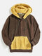 Mens Contrast Color Patchwork Button Corduroy Hoodies With Kangaroo Pocket - Brown