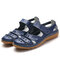 Leather Hollow Out Hook Loop Casual Flat Sandals For Women - Navy