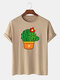 Men 100% Cotton Cactus Printed Casual T-Shirt - Khaki
