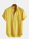 Mens 100% Cotton Breathable Stand Collar Pure Color Short Sleeve Henley Shirt - Yellow