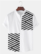 Mens Striped Patchwork Stand Collar Casual Short Sleeve Shirts - Black