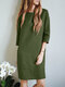 Women Solid Crew Neck Cotton Casual 3/4 Sleeve Dress - Army Green