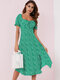 Floral Print Tie Split Square Collar Short Sleeve Dress - Green