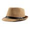Women Straw Weave Mesh Breathable Curl Brim Addition Leather Belt Solid Fashion Jazz Hat - Khaki
