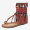 Embroidered Clip Toe Back Zipper Gladiator Sandals For Women - Red