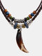 Vintage Double Layer Men Leather Necklace Dog Tooth Pendant Women Necklace - Coffee