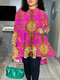 Talla grande Mujer vendimia Blusa con cuello redondo y estampado barroco Cuello Blusa de manga larga - Rosa