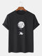 Mens 100% Cotton Moon & Astronaut Print Loose Thin O-Neck T-Shirts - Black