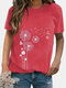 Crew Neck Casual Flower Print Short Sleeve T-shirt For Women - Red