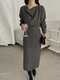Ruffle Neck Pleats Designed Calf Length Back Zipper Dress - Gray