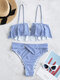 Striped Spaghetti Straps Flounce High Waist Bandeau Bikinis Swimsuits For Women - Blue