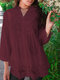 Lace Panel Button Front 3/4 Sleeve V-neck Blouse - Wine Red