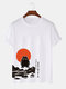 T-shirts à manches courtes et col rond imprimé paysage de grenouille japonaise pour hommes - blanc